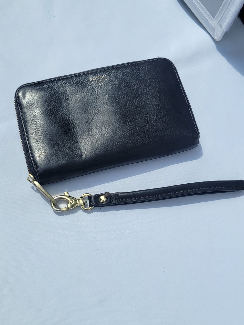 Fossil Black Leather Zip Wristlet with Gold Hardware Wallet